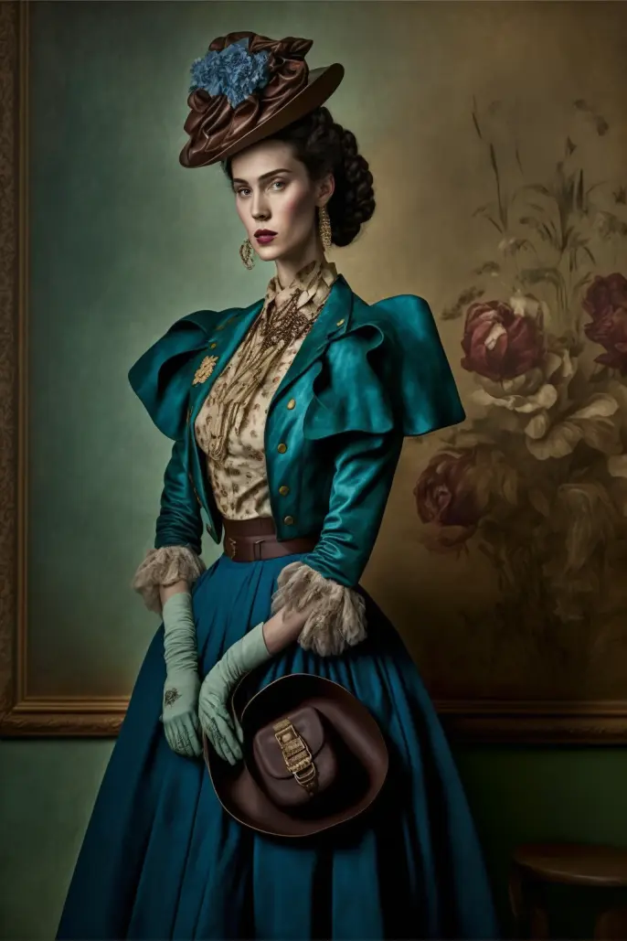 the model is dressed in vintage clothing and accessories, with a backdrop that evokes a bygone era, fashion shoot style of vogue